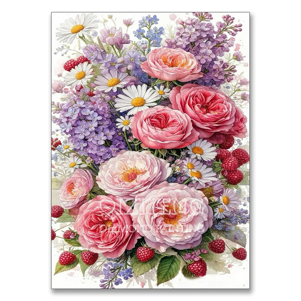 A vibrant floral arrangement featuring pink, purple, and white flowers used as a diamond painting kit display.