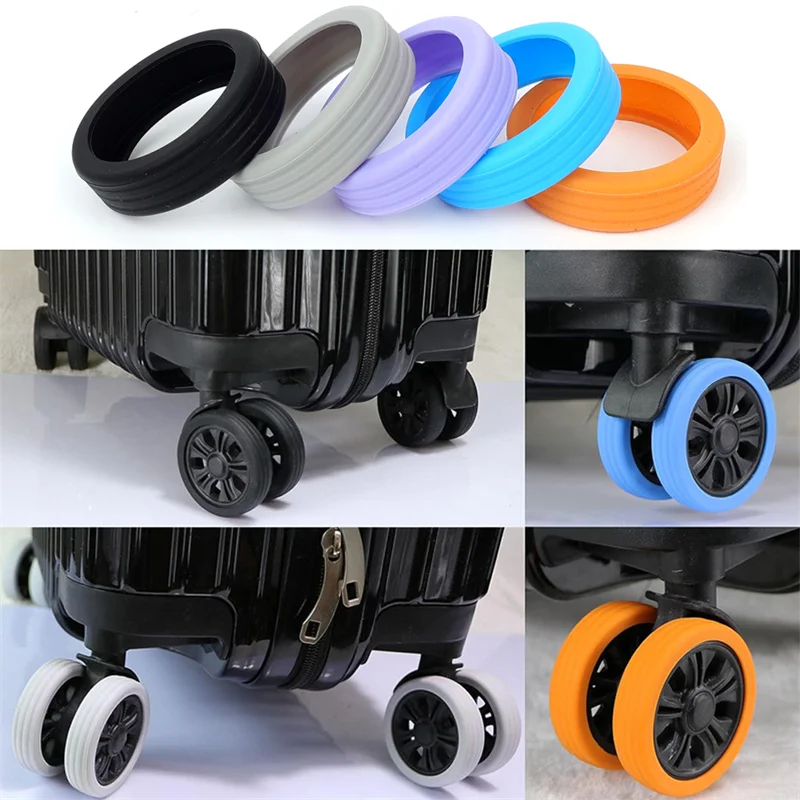 A set of four silicone suitcase wheel protectors in various colors, including black, gray, purple, and orange.