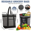 A reusable grocery bag in gray and black fabric is shown next to fresh produce.