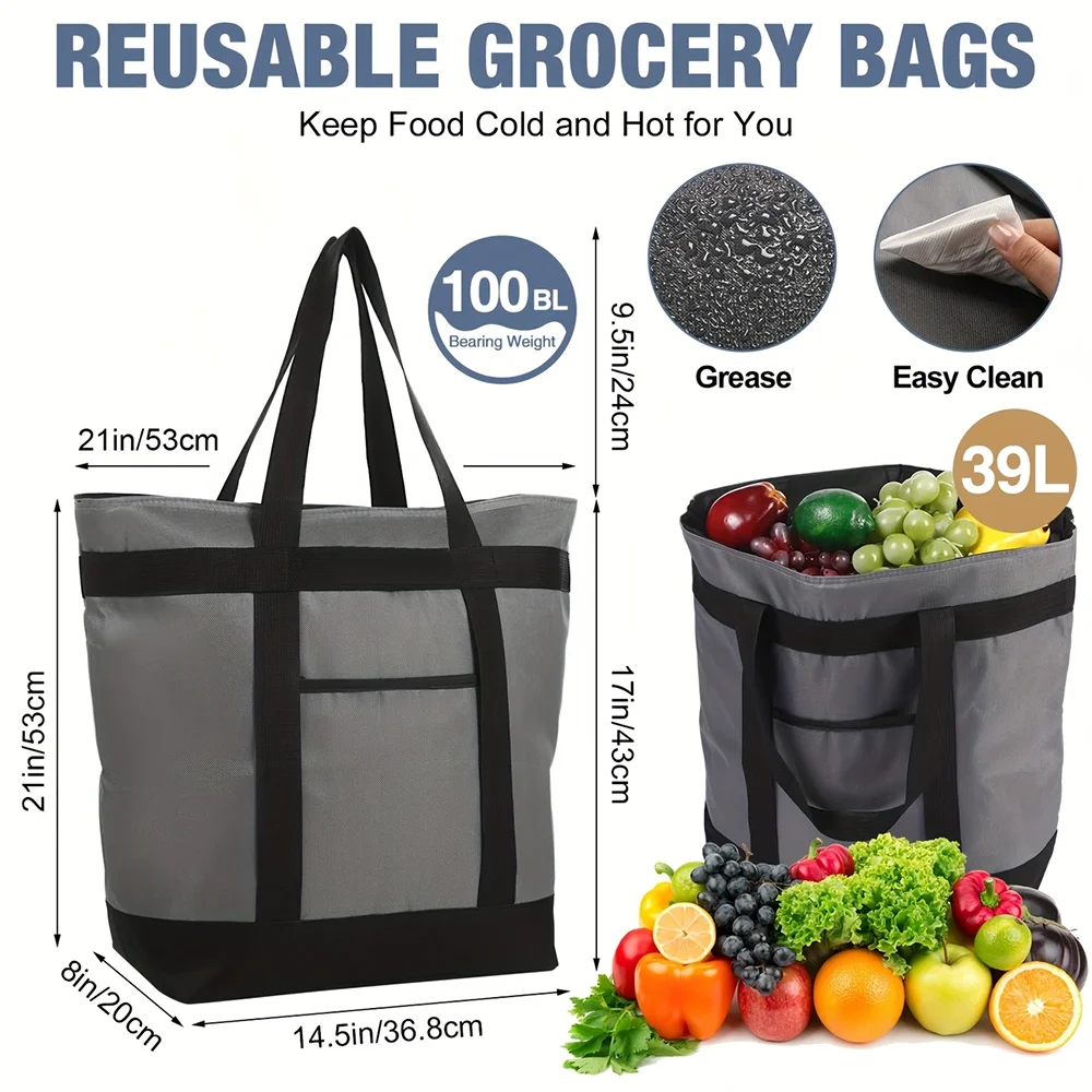 A reusable grocery bag in gray and black fabric is shown next to fresh produce.