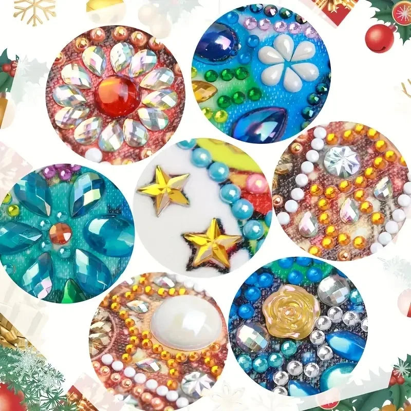 A collection of colorful DIY diamond art coasters featuring various gemstone and crystal designs.