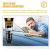 A man applies a scratch removal wax to the surface of a car, demonstrating its use for repairing scratches.