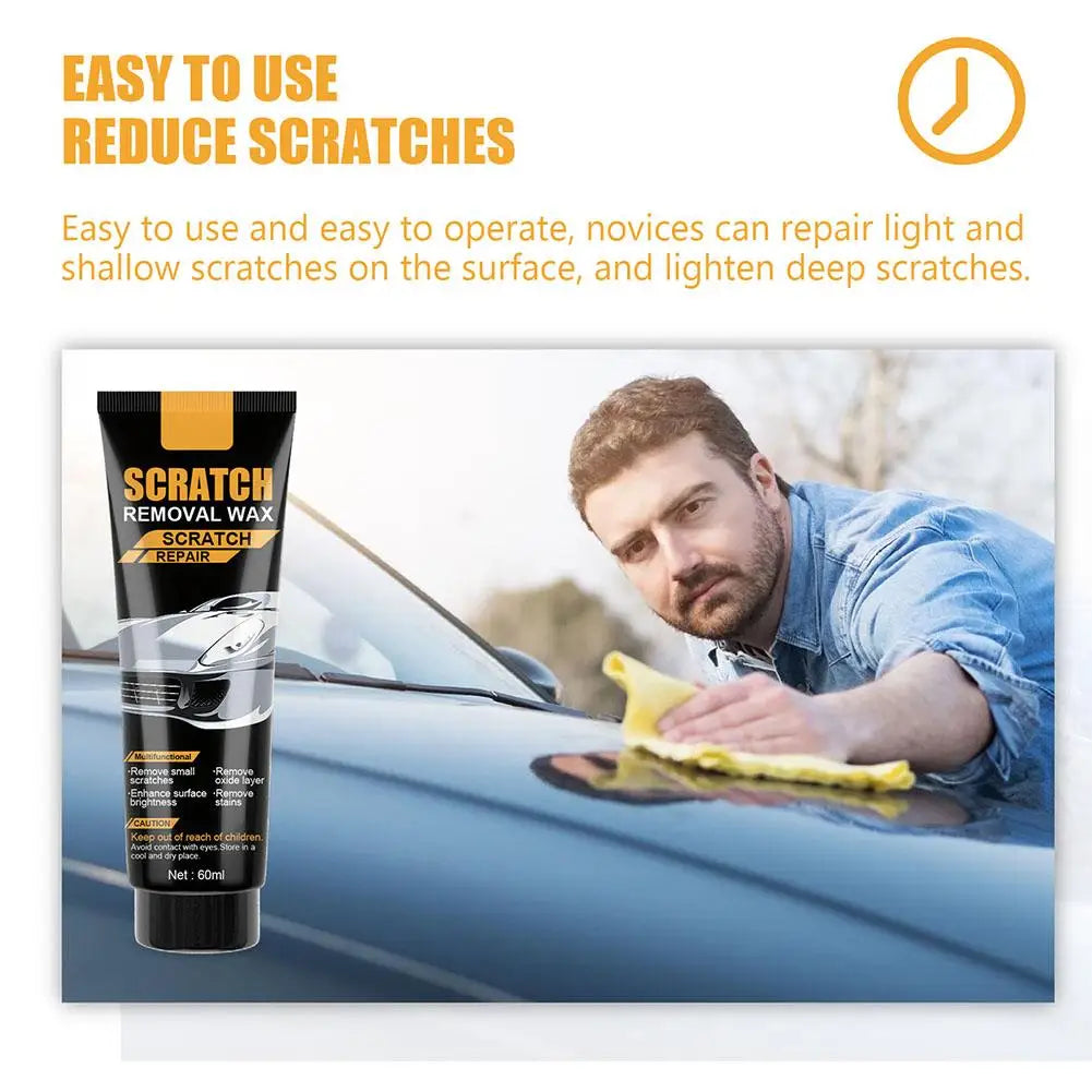 A man applies a scratch removal wax to the surface of a car, demonstrating its use for repairing scratches.