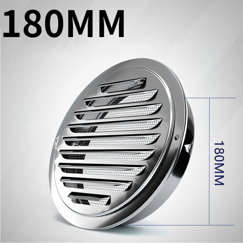 Stainless steel round ventilation grille with 180mm diameter shown in a close-up view.