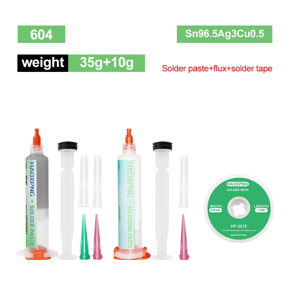 A set of solder paste and solder tape components including a 604 weight, Sn96.5Ag3Cu0.5 solder paste, and solder wick.