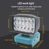 A portable LED work light with a silver casing and blue base, showing its dimensions.
