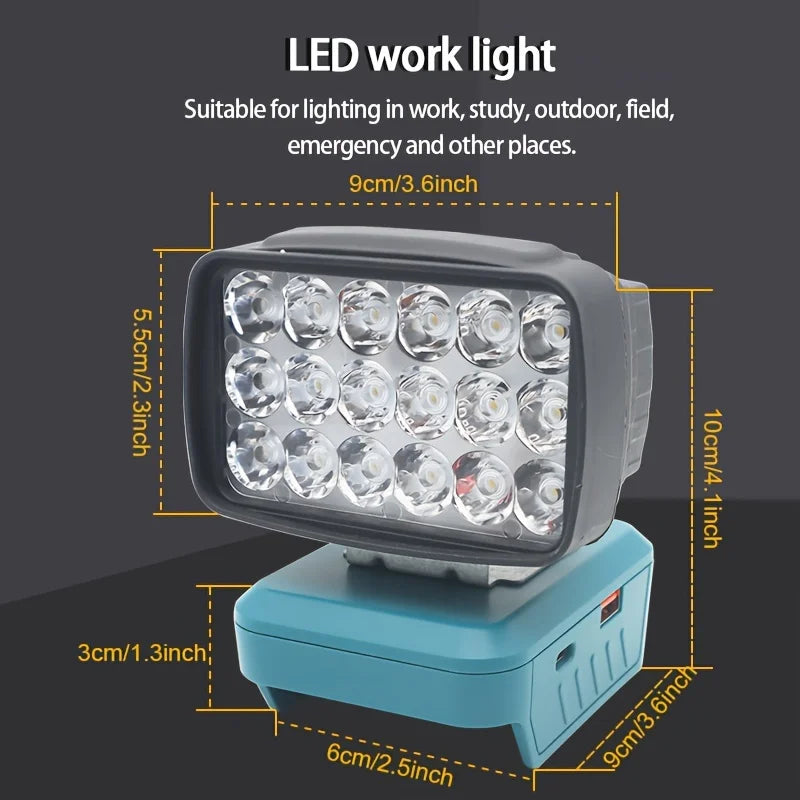 A portable LED work light with a silver casing and blue base, showing its dimensions.