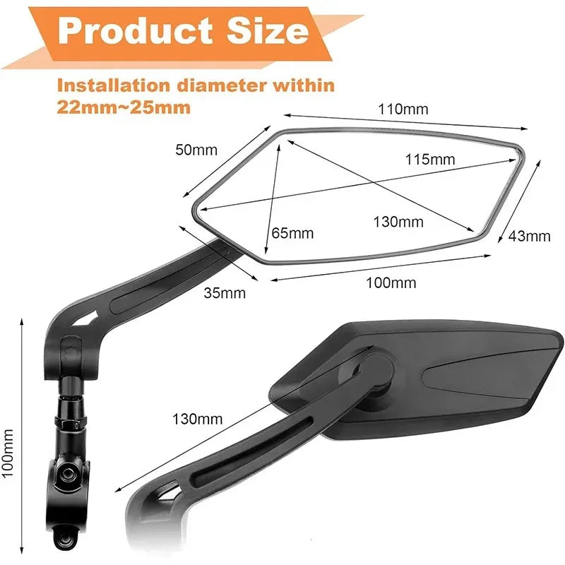 A black adjustable rearview mirror with a flexible arm and a rectangular mirror face shown in various dimensions.