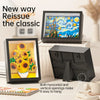 A black framed art piece featuring a yellow sunflower painting displayed next to a black wall-mounted block set.