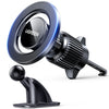 A black magnetic car phone mount with a blue rotating lens and a stand.