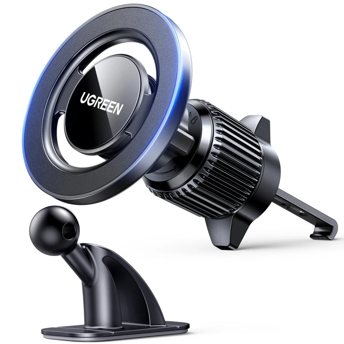A black magnetic car phone mount with a blue rotating lens and a stand.
