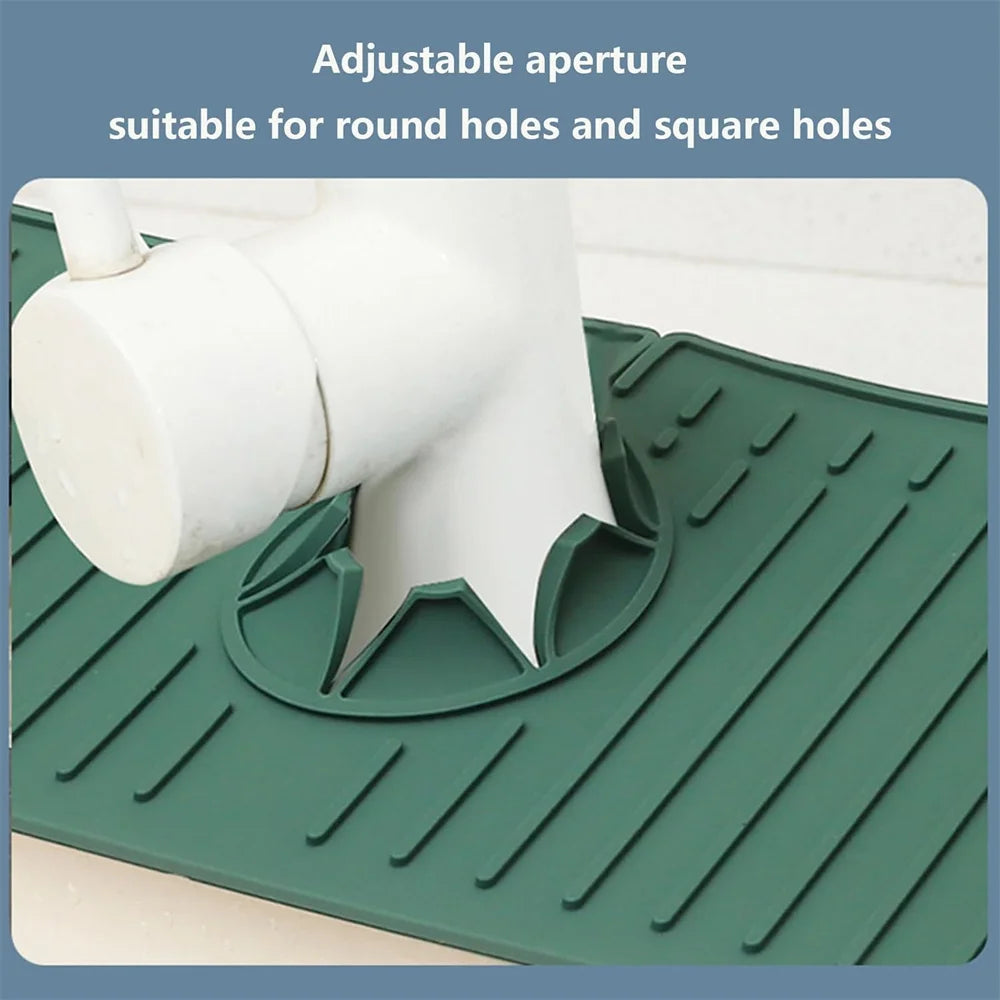 A white adjustable aperture silicone drain mat is shown fitting into a green textured kitchen or bathroom drain.
