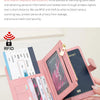 A pink fashion passport wallet featuring an airplane pattern and RFID protection technology.