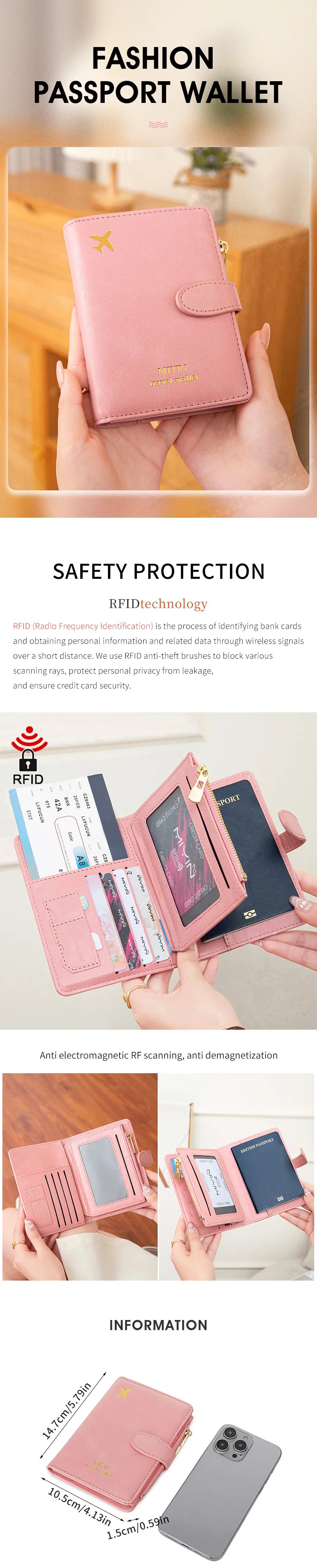 A pink fashion passport wallet featuring an airplane pattern and RFID protection technology.