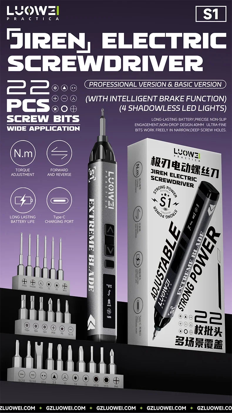 A black electric screwdriver with an extended blade and LED lights shown next to various screw bits.