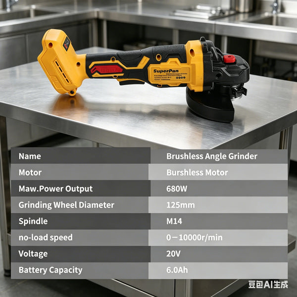 Yellow brushless angle grinder with a black battery and guard resting on a metal surface.