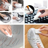 Various applications of white magic cleaning sponges including dishwashing, surface cleaning, and shoe cleaning.