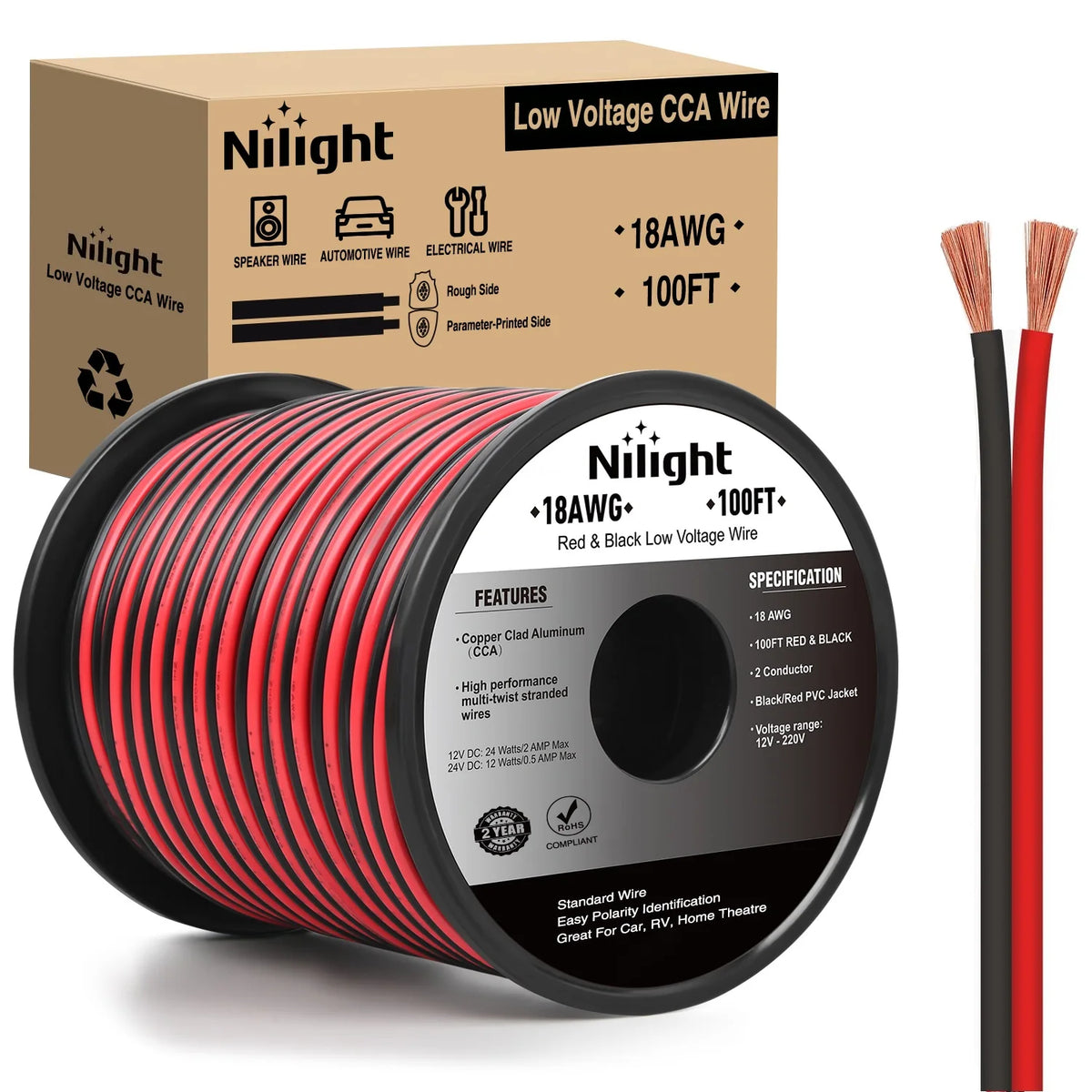 Spule 18AWG rotes und schwarzes Niederspannungs-CCA-Kabel für Auto- und LED-Beleuchtung.