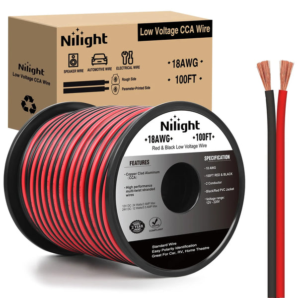 Bobine de fil CCA 18AWG rouge et noir basse tension pour automobile et éclairage LED.