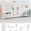 A white desktop pegboard organizer featuring multiple shelves, hooks, and storage compartments for various items.
