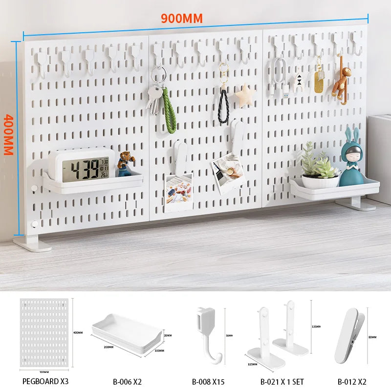 A white desktop pegboard organizer featuring multiple shelves, hooks, and storage compartments for various items.
