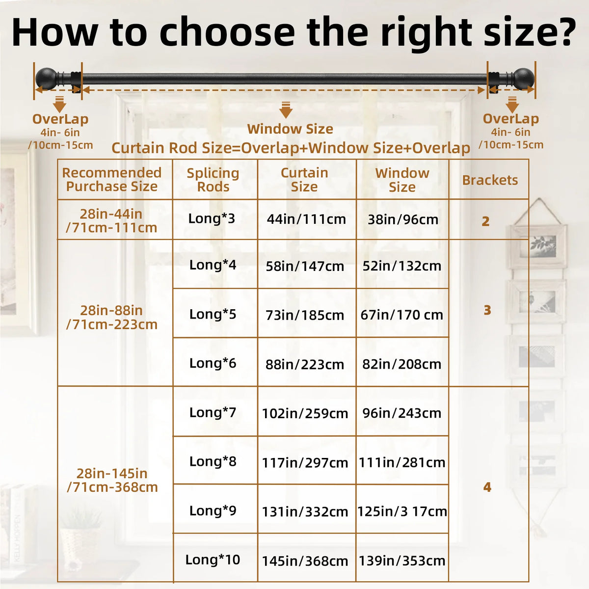 Guide showing how to choose the right size for curtain rods, including measurements and bracket options.