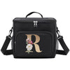 Black insulated canvas lunch bag with a gold initial R and adjustable strap