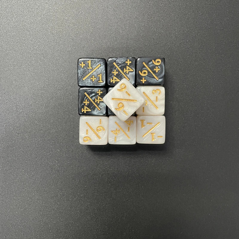A set of acrylic D6 counter dice showing various positive and negative values on a dark gray surface.