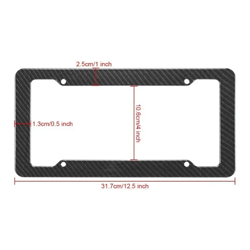 Black carbon fiber style license plate frame with mounting holes and dimensions