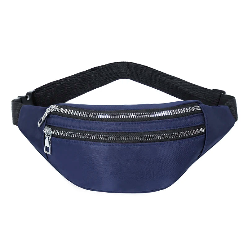 Navy blue nylon waist pack with a black adjustable strap and silver zipper.