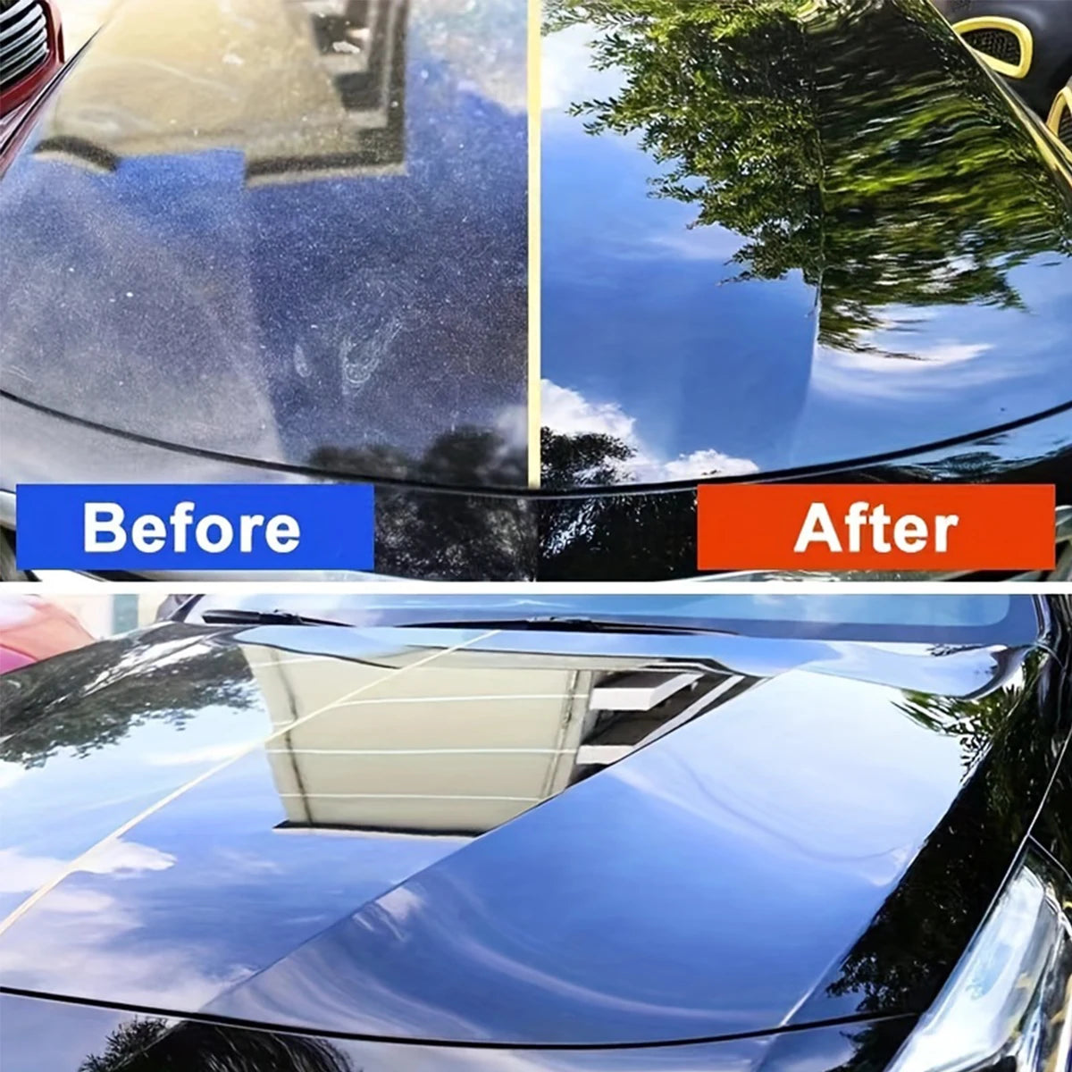 Comparaison avant et après de l'application d'un revêtement céramique sur la peinture d'une voiture.
