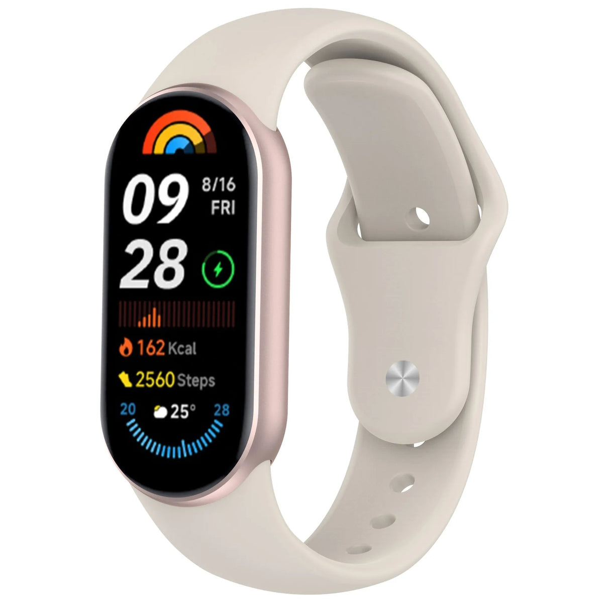 A beige silicone replacement strap for a fitness tracker displaying time, date, steps, and calories.