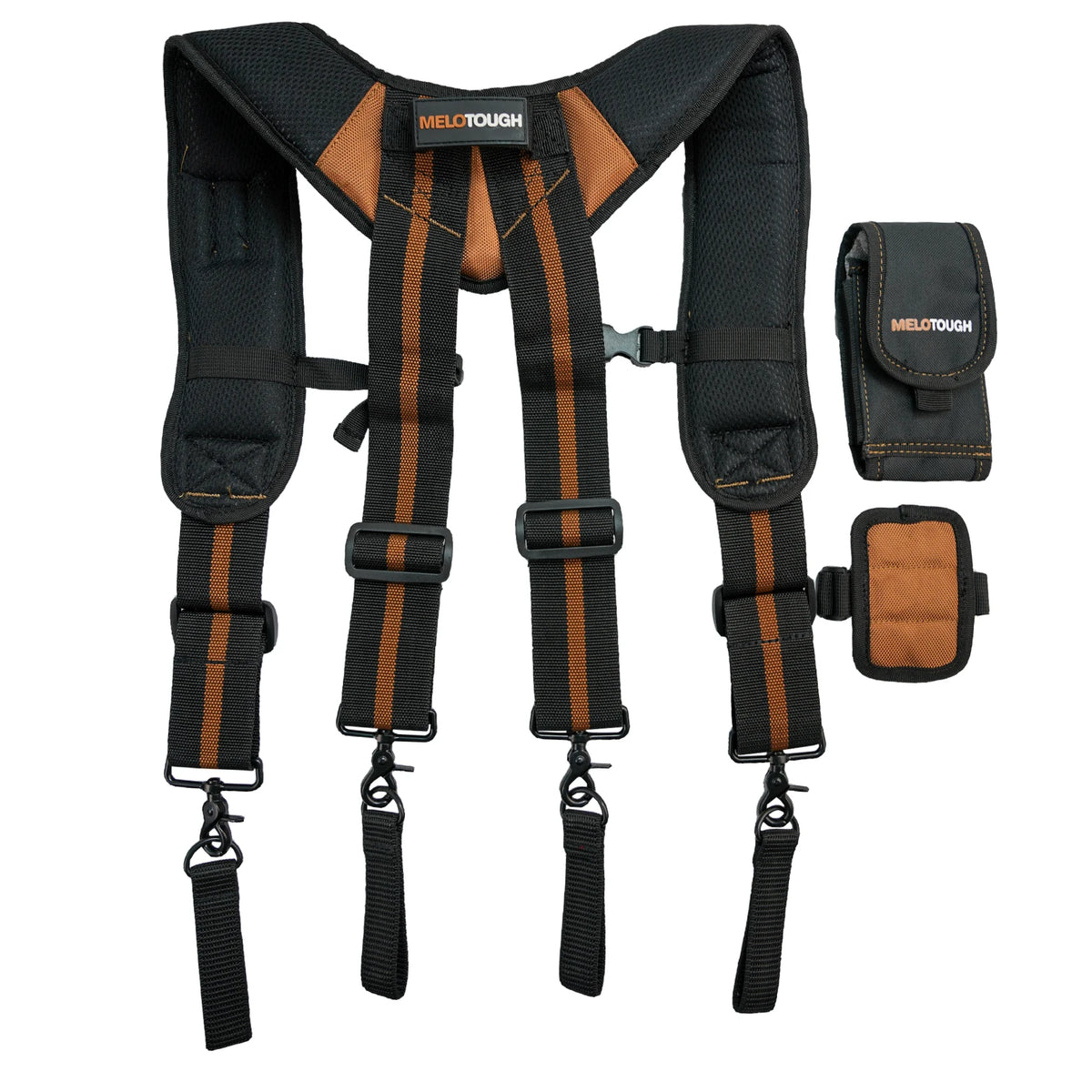 Black magnetic tool belt suspenders with orange accents and a phone holder attachment.