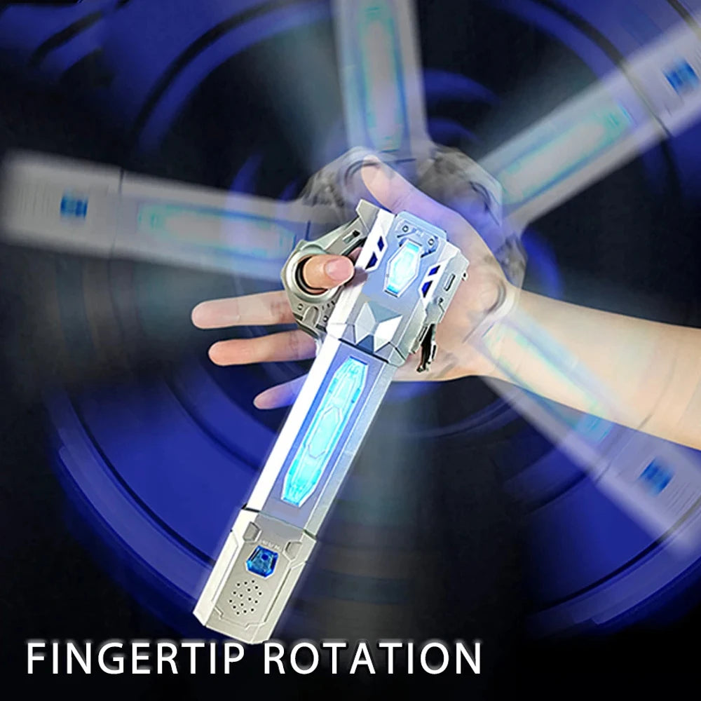 A hand holds a glowing musical toy sword with a telescoping blade demonstrating fingertip rotation.