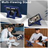 A blue multi-viewing stand for an iPad, showing various angles and usage contexts.