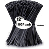 A stack of 100 black nylon cable ties, measuring 4 to 12 inches long.