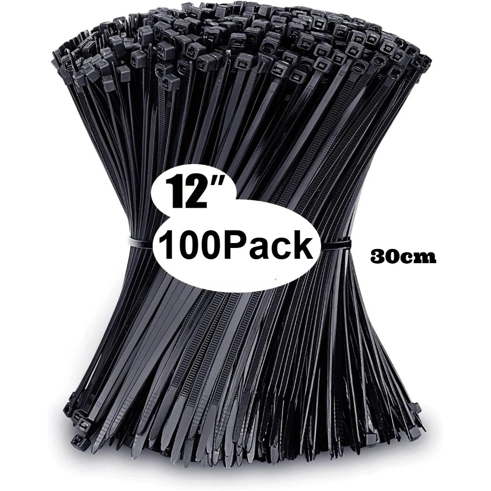 A stack of 100 black nylon cable ties, measuring 4 to 12 inches long.