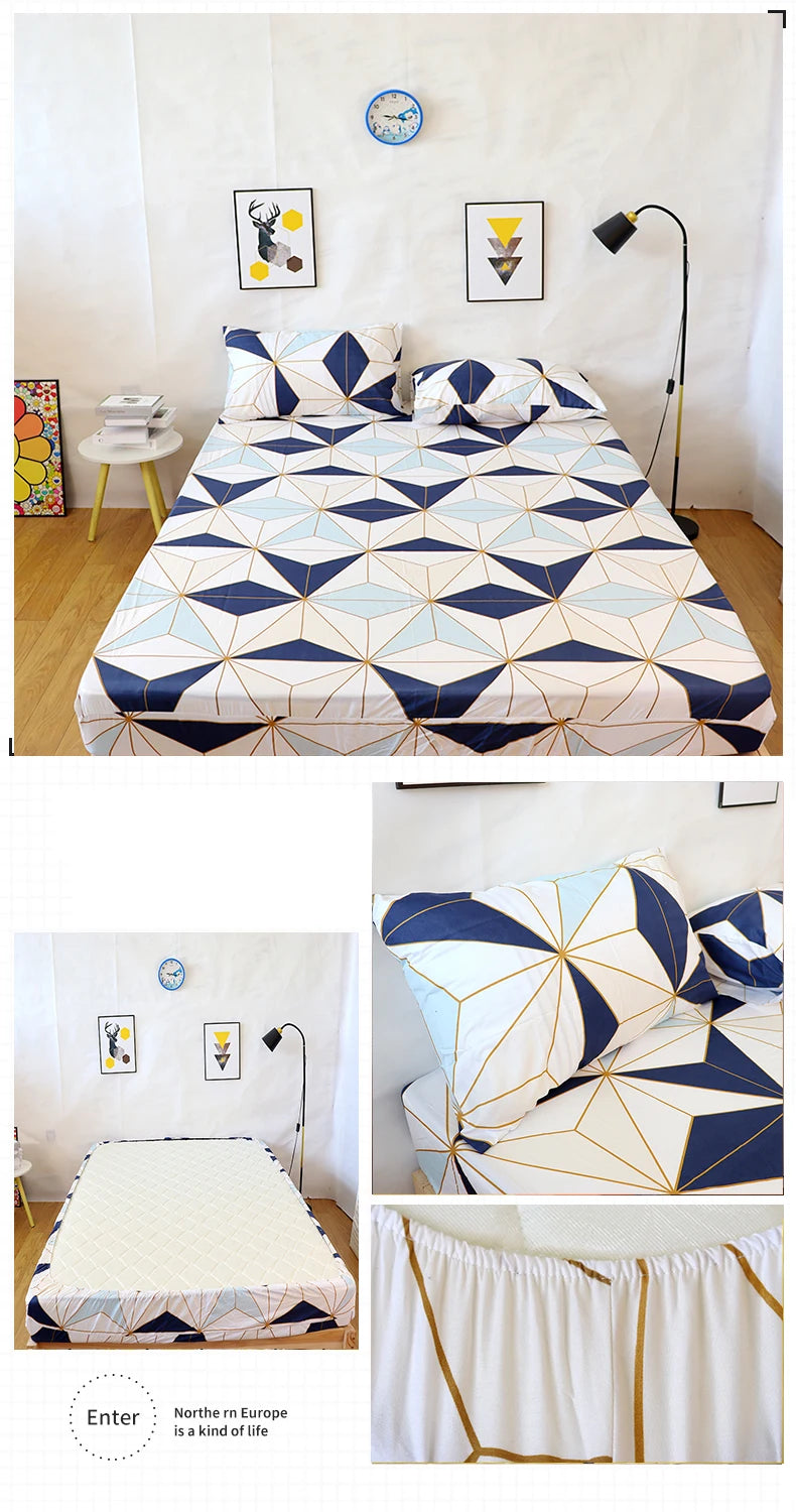 A fitted bed sheet featuring a geometric blue and white marbled print with an elastic band.