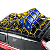 Blue elastic roof rack luggage net with yellow straps installed on a black RC crawler vehicle.