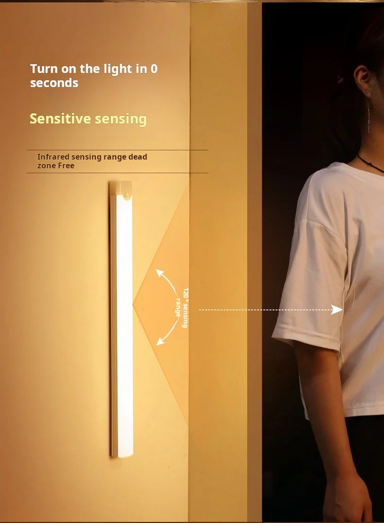 A close-up of a wireless motion sensor LED cabinet light illuminating a wall, demonstrating infrared sensing range.