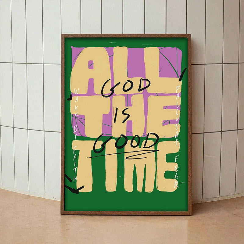 Retro Christian wall art featuring the text ALL GOD IS GOOD THE TIME in yellow and purple on a green background