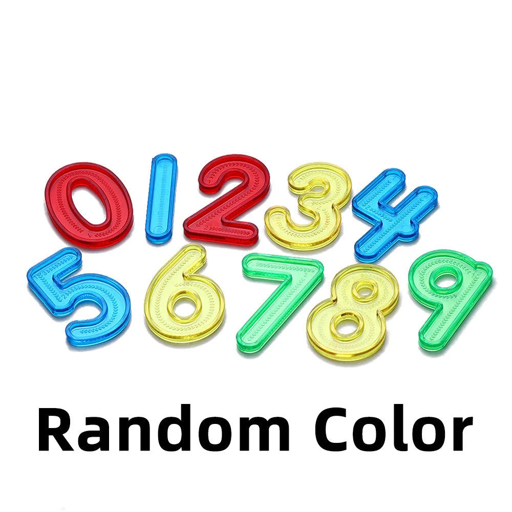 A set of colorful, transparent number cards from zero to nine used for counting and math learning.