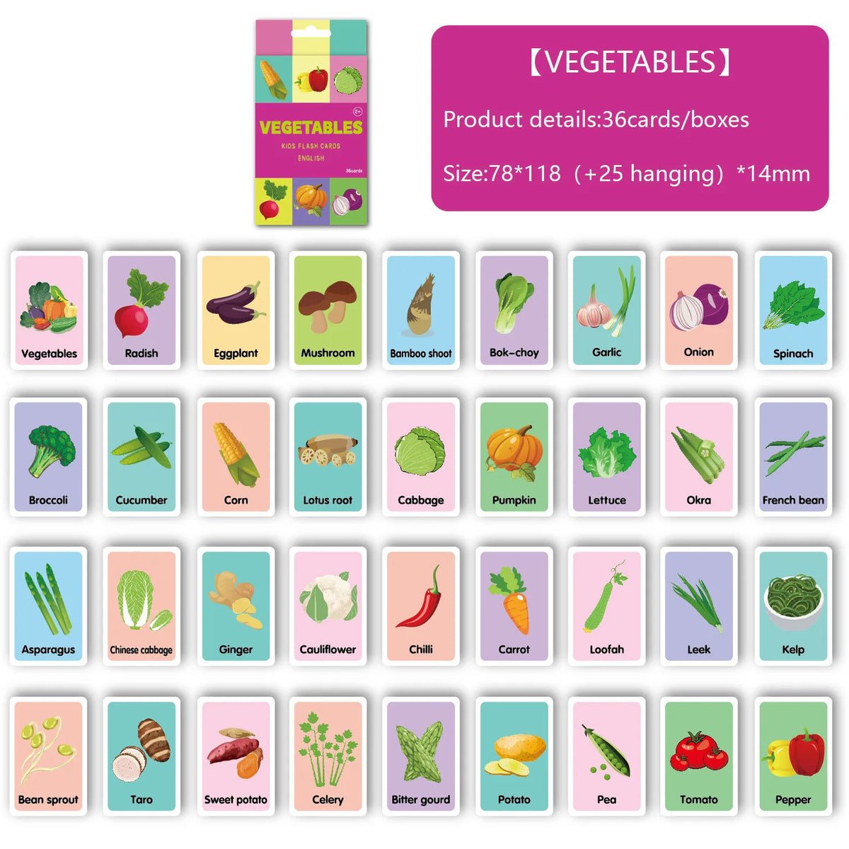 A set of 36 flash cards featuring various vegetables and fruits with animal shapes for early learning.
