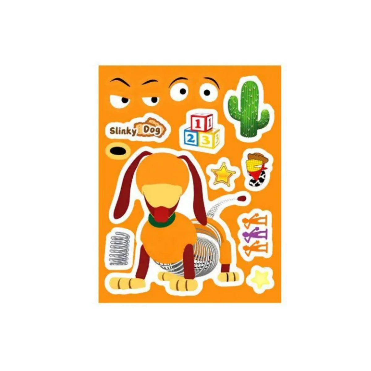 A set of reusable stickers featuring characters from Toy Story including Woody, Buzz Lightyear, and friends on an orange back