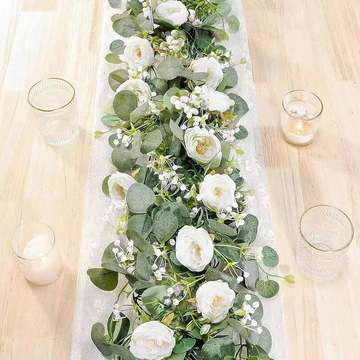 Artificial Eucalyptus Vine Garland with Roses and Gypsophila