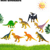 A collection of eight mini dinosaur figurines, including a T-Rex and various other dinosaurs, displayed on green grass.