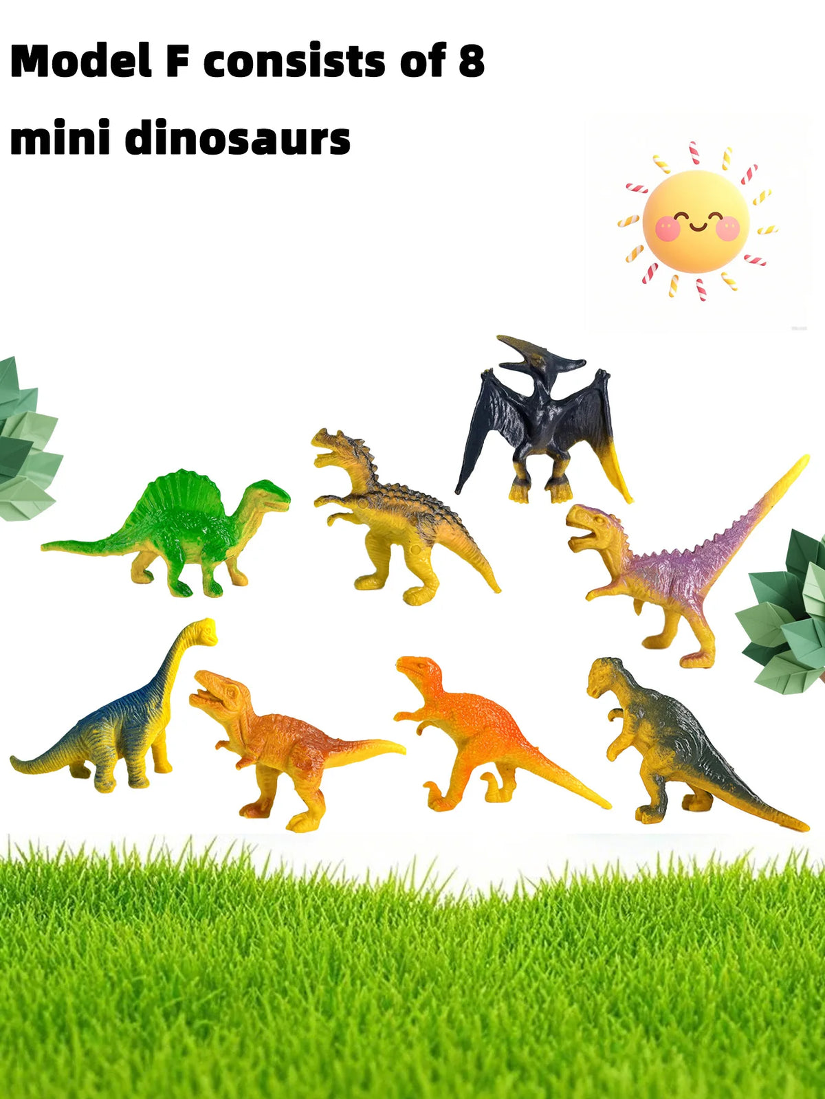A collection of eight mini dinosaur figurines, including a T-Rex and various other dinosaurs, displayed on green grass.