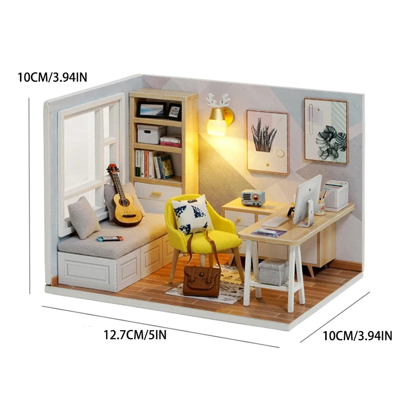 A miniature wooden dollhouse building kit featuring furniture, including a desk, shelves, and a chair.