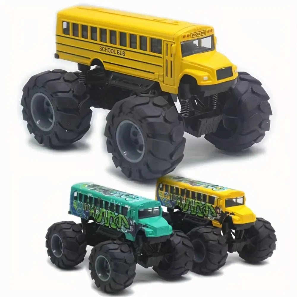 A yellow die-cast metal school bus pull-back toy vehicle.