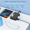 A black desktop power strip with multiple outlets and USB ports is shown next to a tablet.